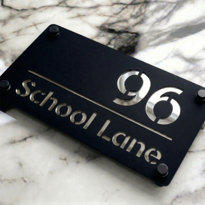 Personalised Mirror House Sign with Silver Laser Cut Text | 280mm x 160mm | Made from 3mm Black Acrylic