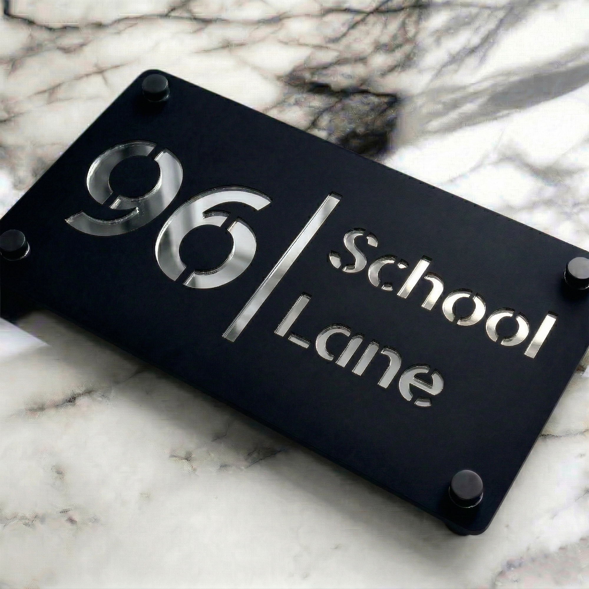 Personalised Mirror House Sign with Silver Laser Cut Text | 280mm x 160mm | Made from 3mm Black Acrylic