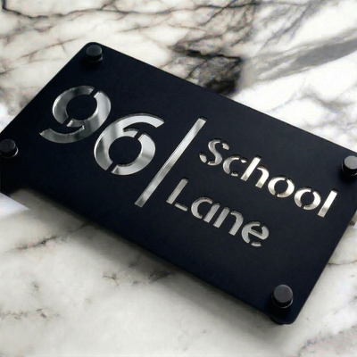 Personalised Mirror House Sign with Silver Laser Cut Text | 280mm x 160mm | Made from 3mm Black Acrylic