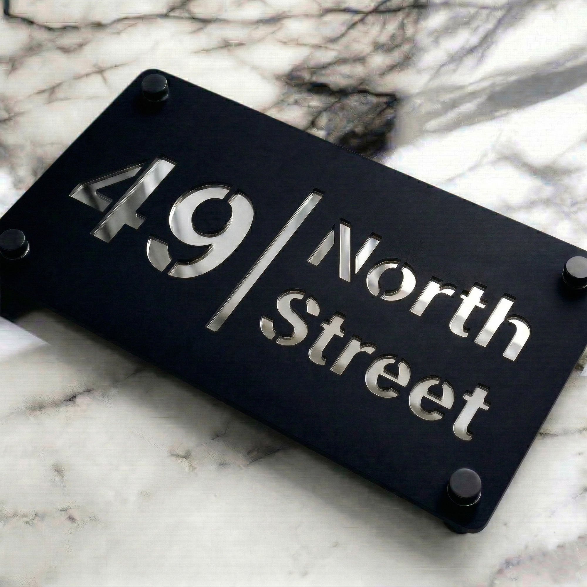 Personalised Mirror House Sign with Silver Laser Cut Text | 280mm x 160mm | Made from 3mm Black Acrylic