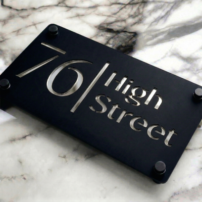 Personalised Mirror House Sign with Silver Laser Cut Text | 280mm x 160mm | Made from 3mm Black Acrylic
