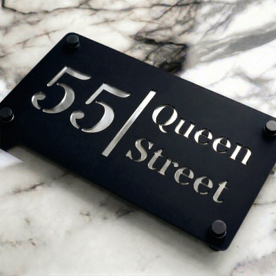 Personalised Mirror House Sign with Silver Laser Cut Text | 280mm x 160mm | Made from 3mm Black Acrylic