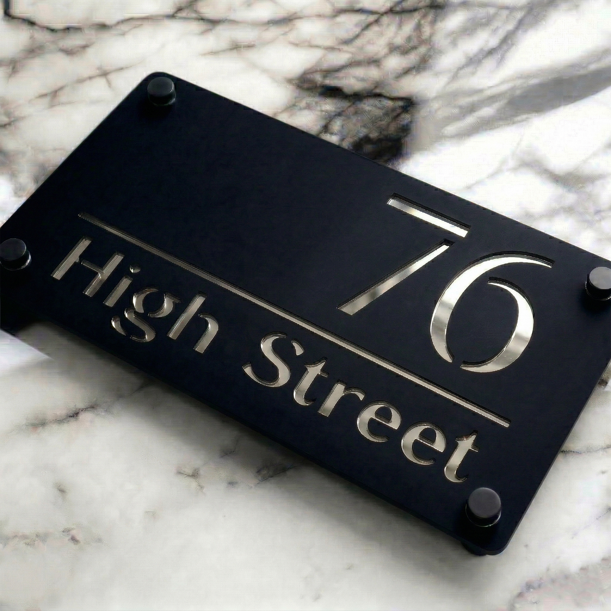 Personalised Mirror House Sign with Silver Laser Cut Text | 280mm x 160mm | Made from 3mm Black Acrylic