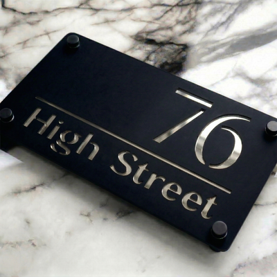 Personalised Mirror House Sign with Silver Laser Cut Text | 280mm x 160mm | Made from 3mm Black Acrylic