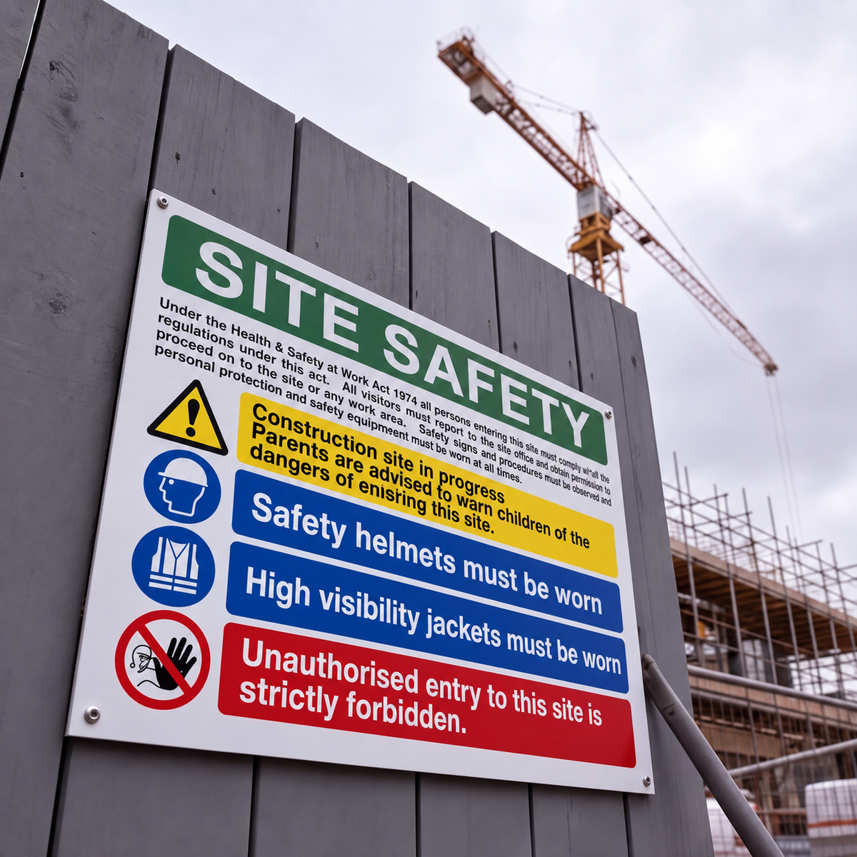 Multi Hazard Site Safety Notice 4 Points | Made from 3mm Acrylic | ISO 7010 | 400mm x 300mm Or 600mm x 450mm
