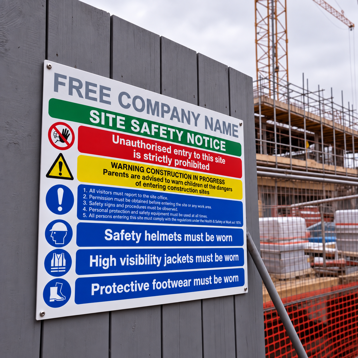 Custom with Company Name Multi Hazard Site Safety Notice 6 Points | Made from 3mm Acrylic | ISO 7010 | 400mm x 300mm Or 600mm x 450mm