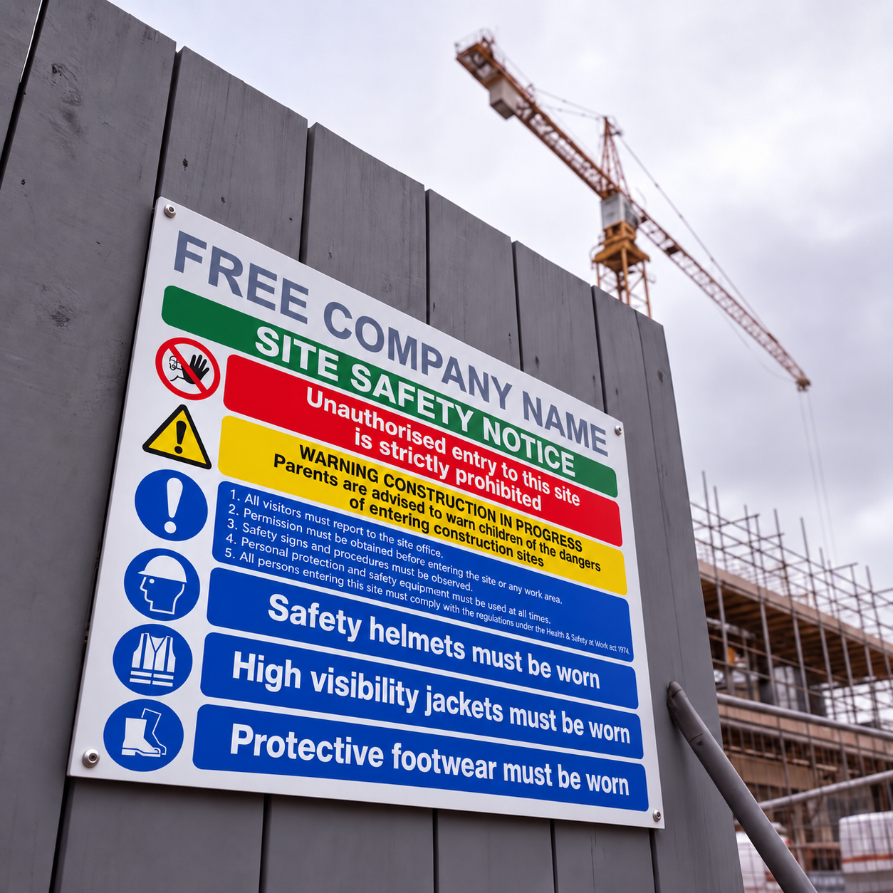 Custom with Company Name Multi Hazard Site Safety Notice 6 Points | Made from 3mm Acrylic | ISO 7010 | 400mm x 300mm Or 600mm x 450mm
