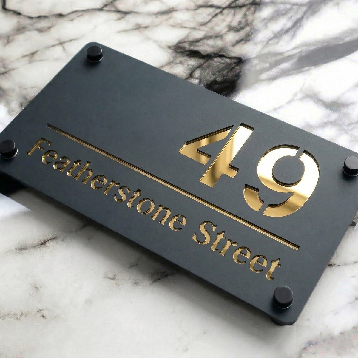 Personalised Mirror House Sign with Gold Laser Cut Text | 280mm x 160mm | Made from 3mm Grey Acrylic