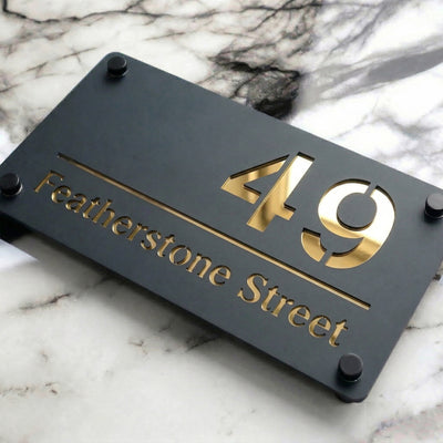 Personalised Mirror House Sign with Gold Laser Cut Text | 280mm x 160mm | Made from 3mm Grey Acrylic
