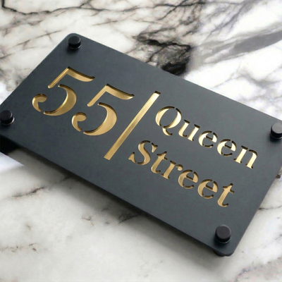 Personalised Mirror House Sign with Gold Laser Cut Text | 280mm x 160mm | Made from 3mm Grey Acrylic