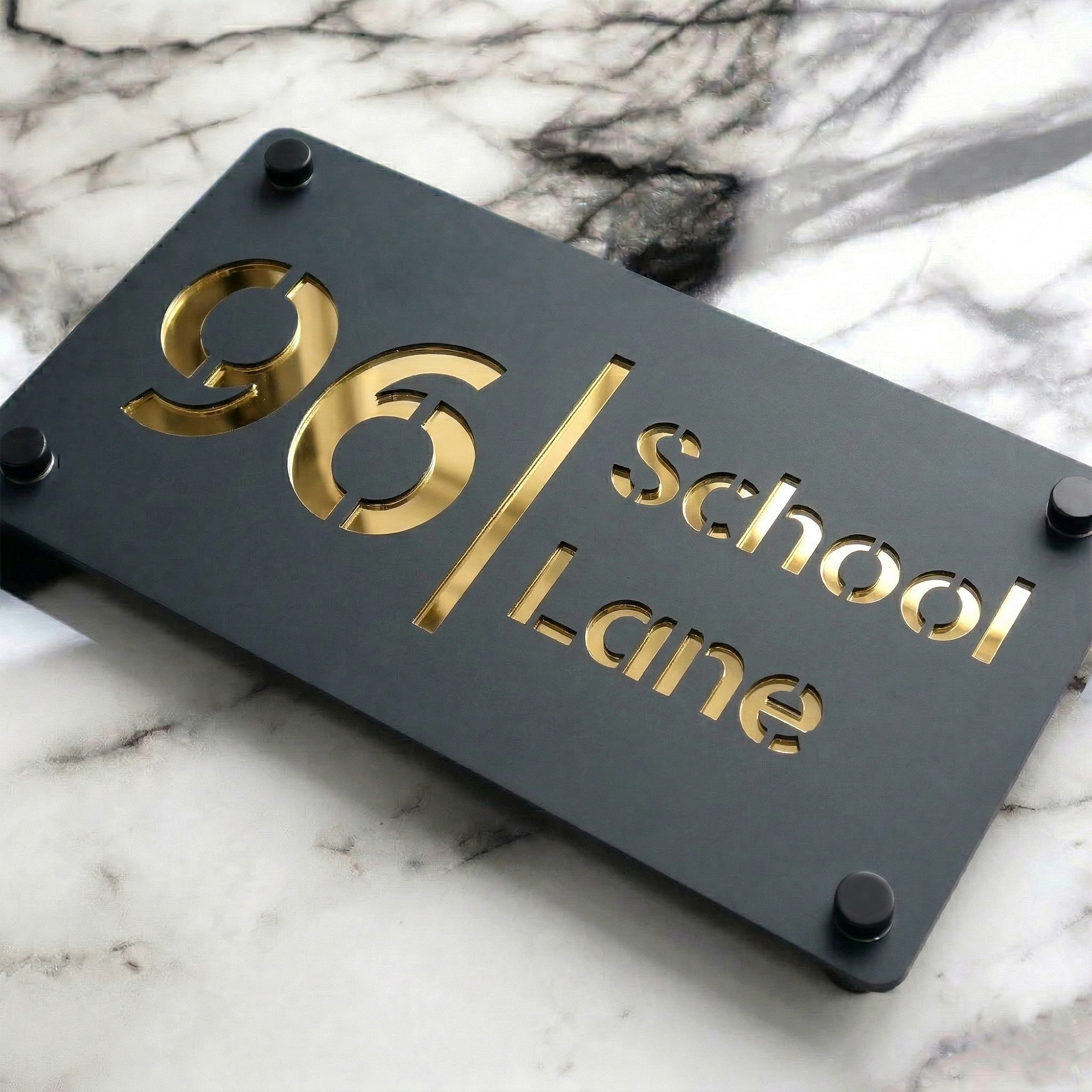 Personalised Mirror House Sign with Gold Laser Cut Text | 280mm x 160mm | Made from 3mm Grey Acrylic