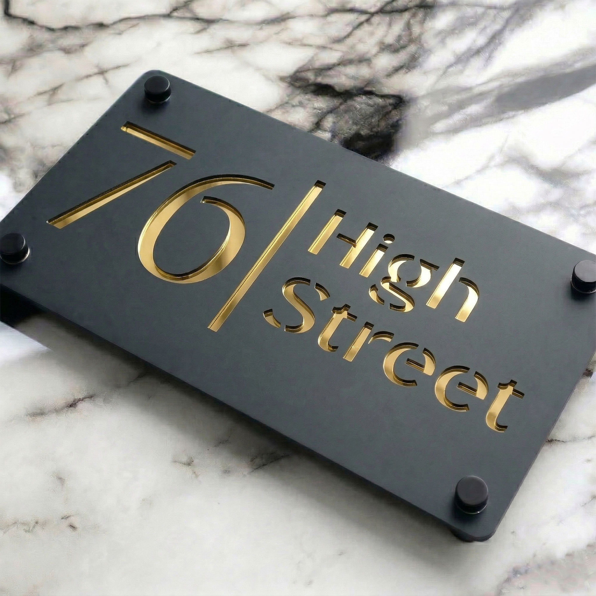 Personalised Mirror House Sign with Gold Laser Cut Text | 280mm x 160mm | Made from 3mm Grey Acrylic