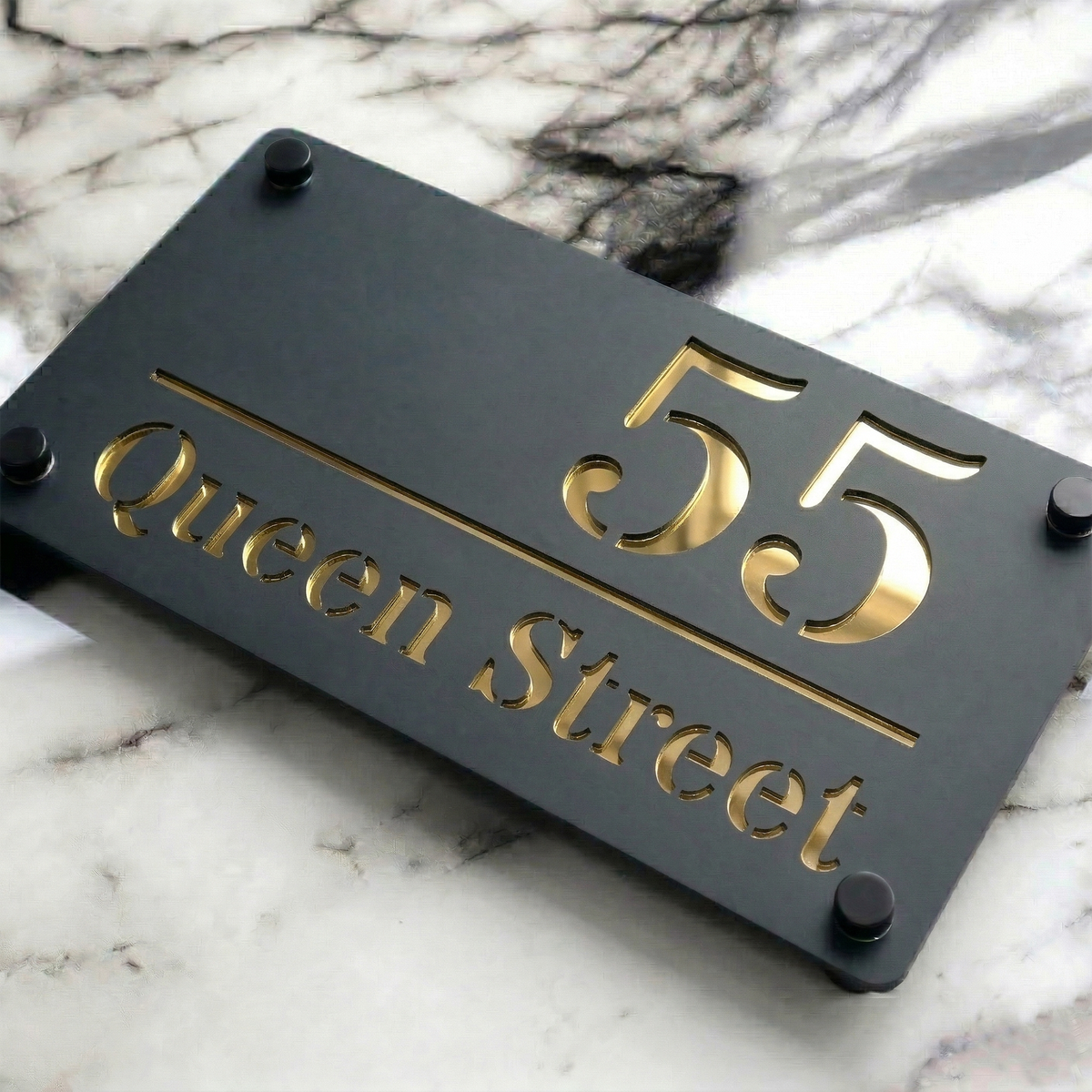 Personalised Mirror House Sign with Gold Laser Cut Text | 280mm x 160mm | Made from 3mm Grey Acrylic