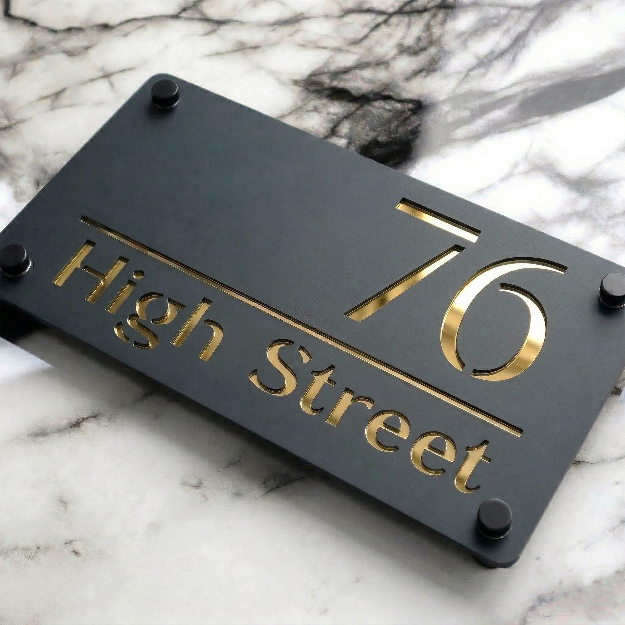 Personalised Mirror House Sign with Gold Laser Cut Text | 280mm x 160mm | Made from 3mm Grey Acrylic