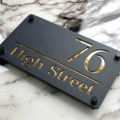 Personalised Mirror House Sign with Gold Laser Cut Text | 280mm x 160mm | Made from 3mm Grey Acrylic