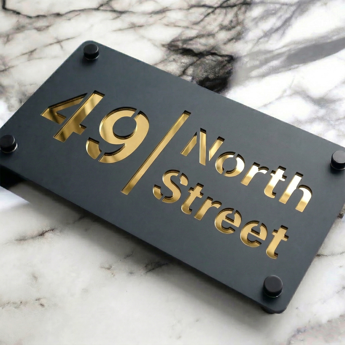Personalised Mirror House Sign with Gold Laser Cut Text | 280mm x 160mm | Made from 3mm Grey Acrylic