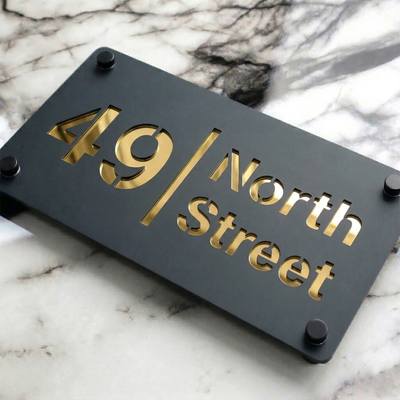 Personalised Mirror House Sign with Gold Laser Cut Text | 280mm x 160mm | Made from 3mm Grey Acrylic