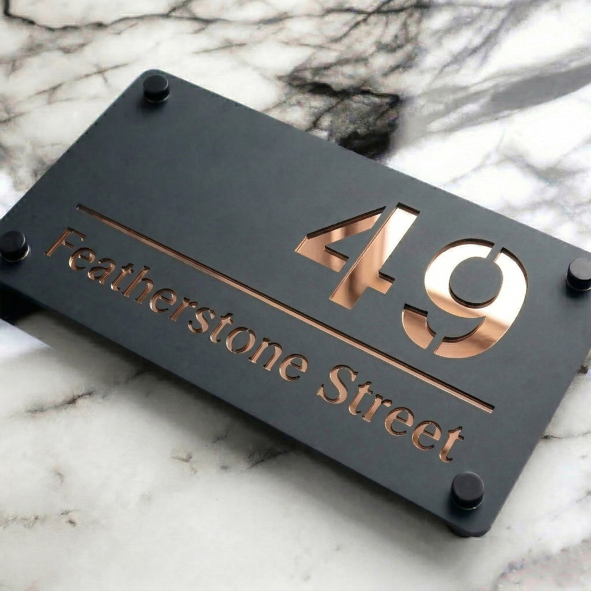 Personalised Mirror House Sign with Rose Gold Laser Cut Text | 280mm x 160mm | Made from 3mm Grey Acrylic