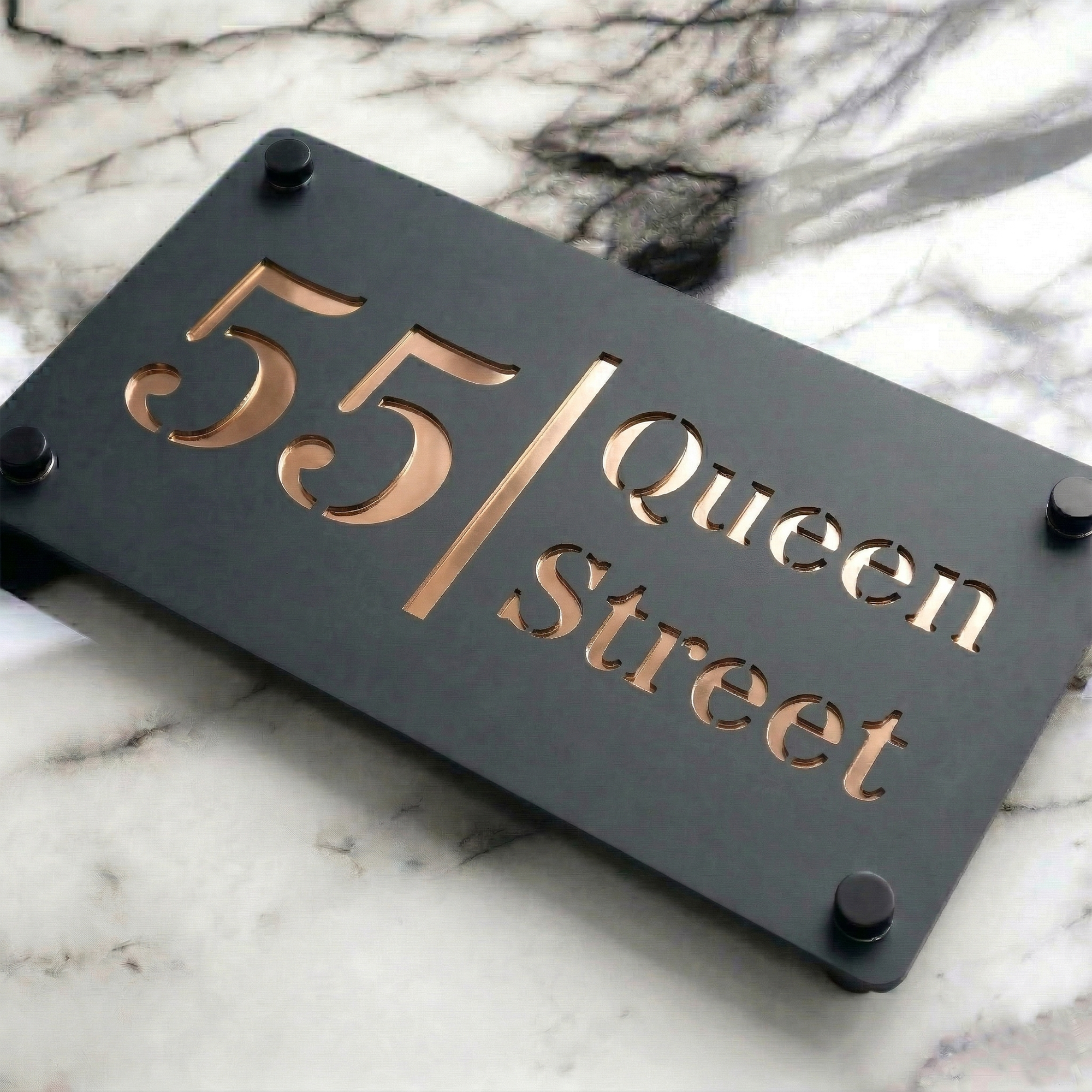 Personalised Mirror House Sign with Rose Gold Laser Cut Text | 280mm x 160mm | Made from 3mm Grey Acrylic