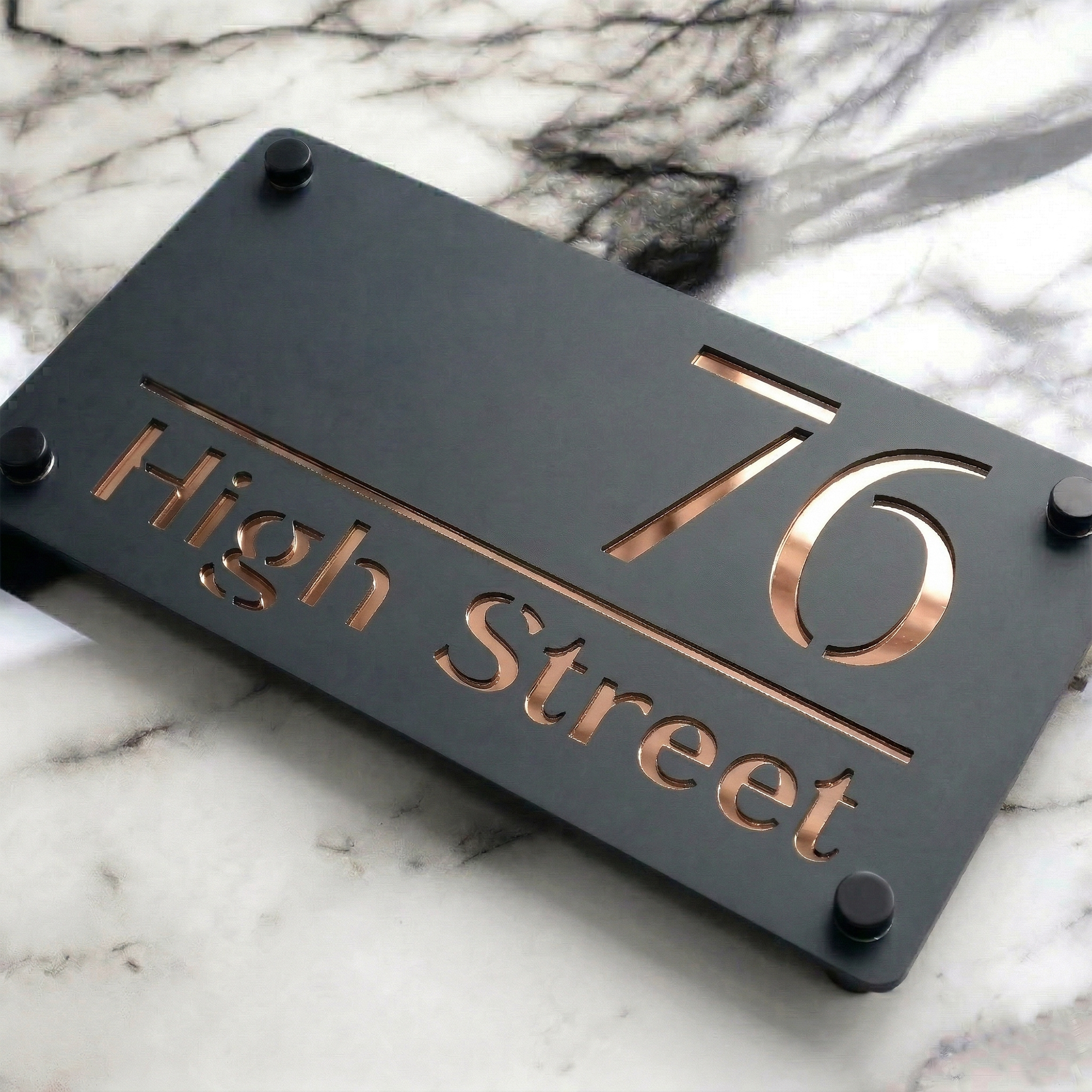 Personalised Mirror House Sign with Rose Gold Laser Cut Text | 280mm x 160mm | Made from 3mm Grey Acrylic
