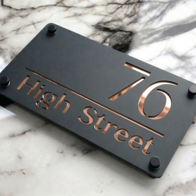 Personalised Mirror House Sign with Rose Gold Laser Cut Text | 280mm x 160mm | Made from 3mm Grey Acrylic