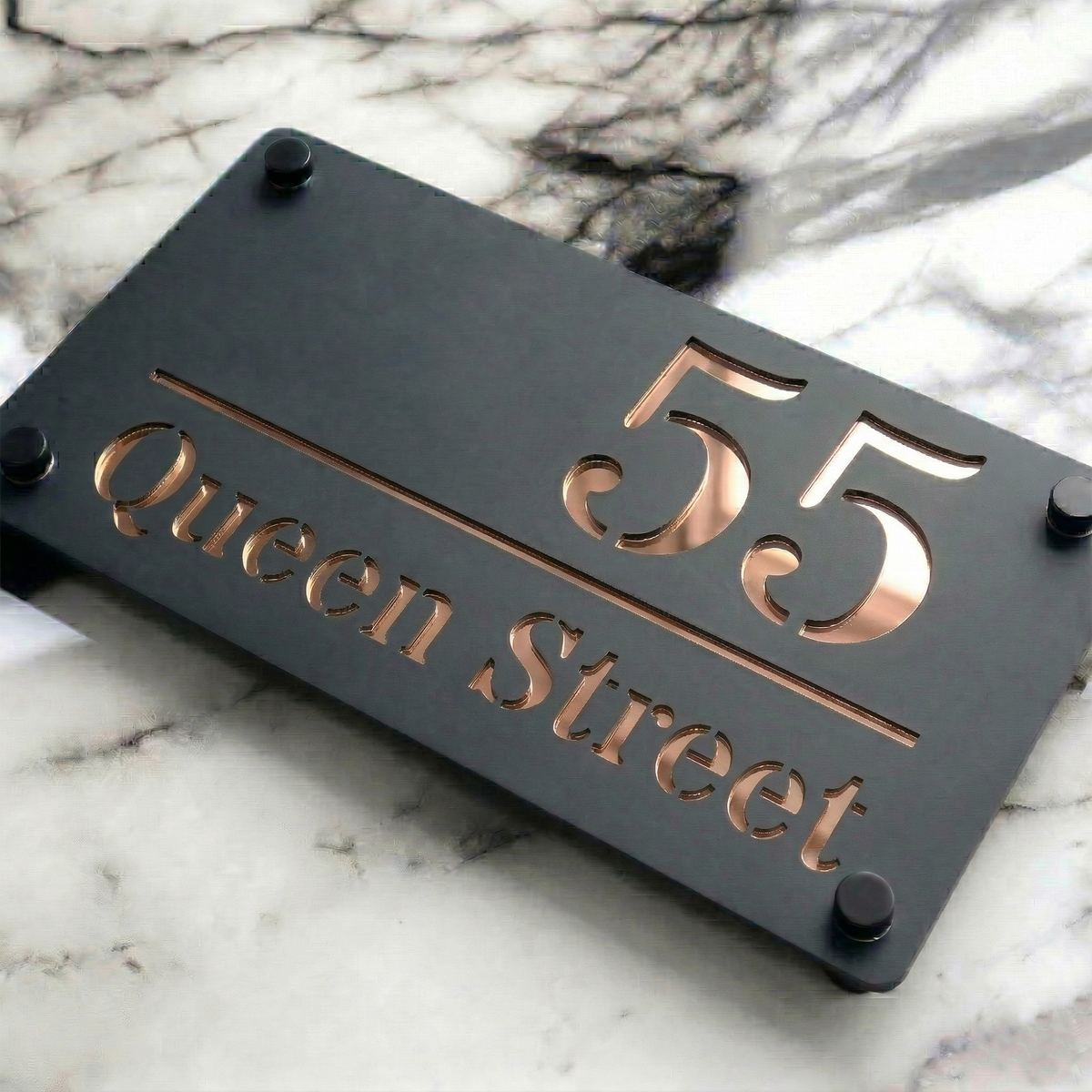 Personalised Mirror House Sign with Rose Gold Laser Cut Text | 280mm x 160mm | Made from 3mm Grey Acrylic