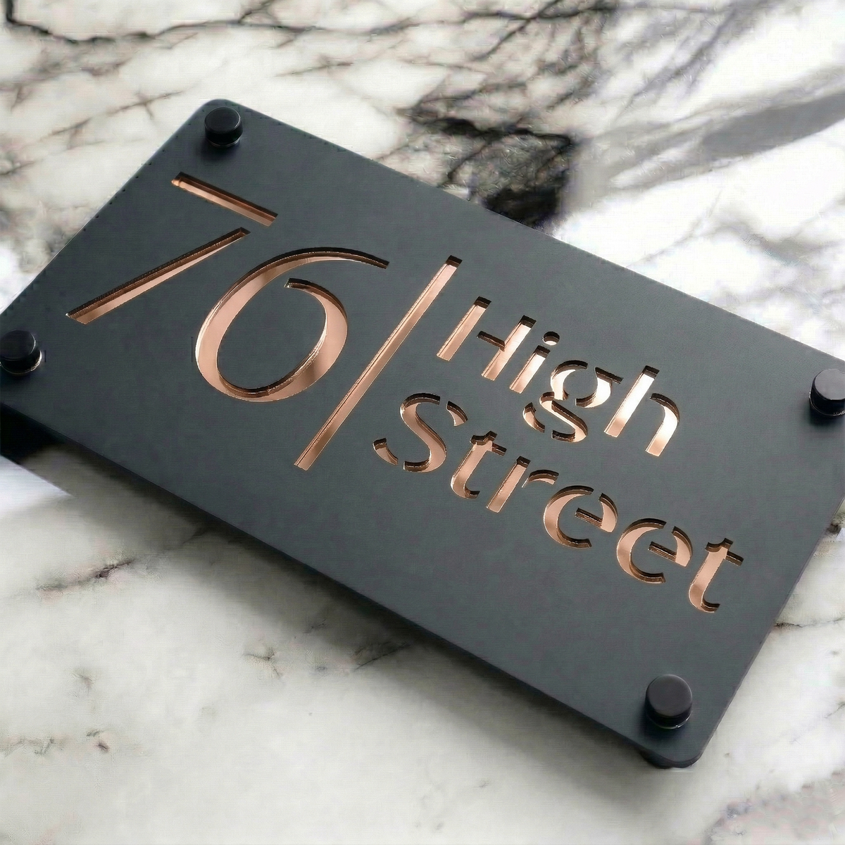Personalised Mirror House Sign with Rose Gold Laser Cut Text | 280mm x 160mm | Made from 3mm Grey Acrylic