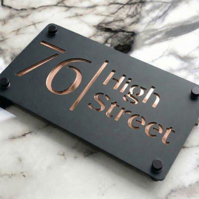 Personalised Mirror House Sign with Rose Gold Laser Cut Text | 280mm x 160mm | Made from 3mm Grey Acrylic
