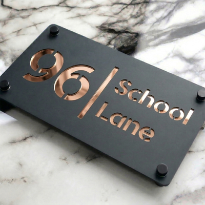 Personalised Mirror House Sign with Rose Gold Laser Cut Text | 280mm x 160mm | Made from 3mm Grey Acrylic