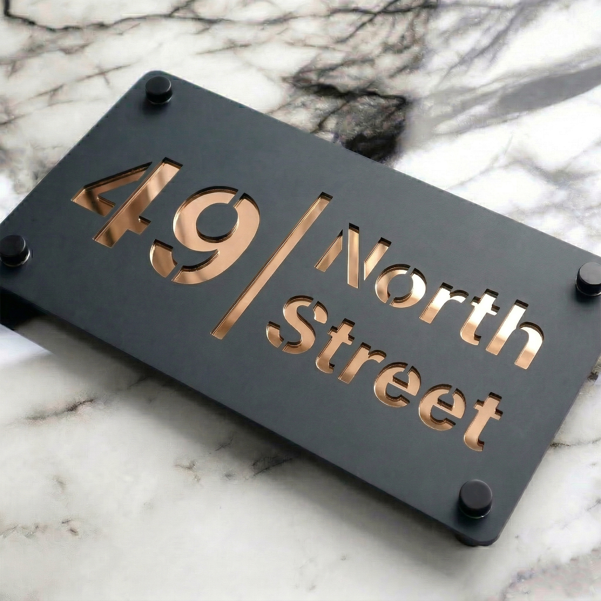 Personalised Mirror House Sign with Rose Gold Laser Cut Text | 280mm x 160mm | Made from 3mm Grey Acrylic