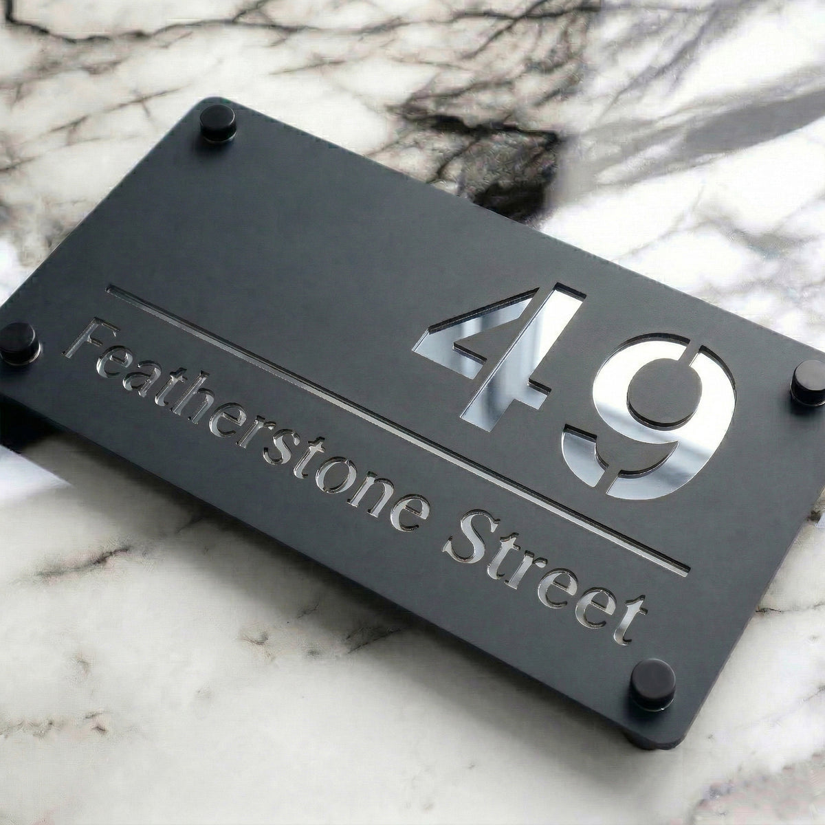Personalised Mirror House Sign with Silver Laser Cut Text | 280mm x 160mm | Made from 3mm Grey Acrylic
