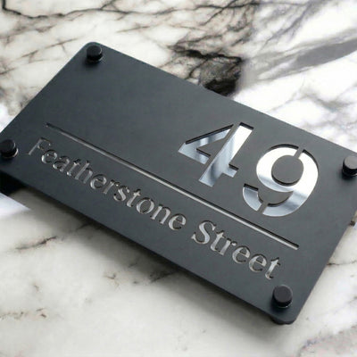 Personalised Mirror House Sign with Silver Laser Cut Text | 280mm x 160mm | Made from 3mm Grey Acrylic