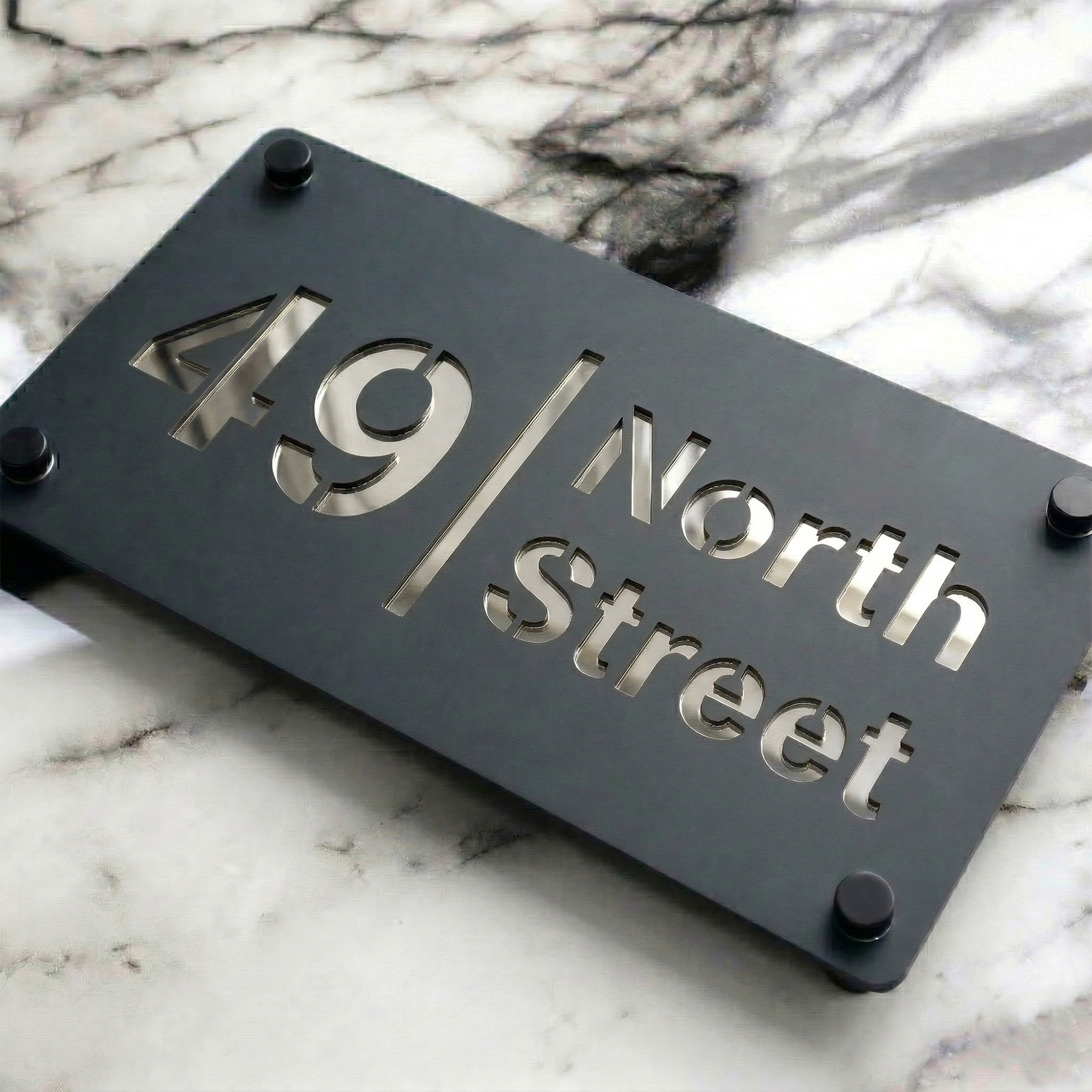 Personalised Mirror House Sign with Silver Laser Cut Text | 280mm x 160mm | Made from 3mm Grey Acrylic