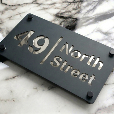 Personalised Mirror House Sign with Silver Laser Cut Text | 280mm x 160mm | Made from 3mm Grey Acrylic