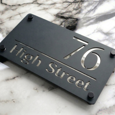 Personalised Mirror House Sign with Silver Laser Cut Text | 280mm x 160mm | Made from 3mm Grey Acrylic