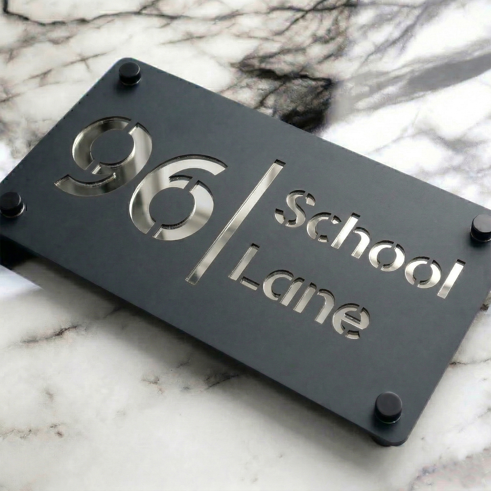 Personalised Mirror House Sign with Silver Laser Cut Text | 280mm x 160mm | Made from 3mm Grey Acrylic