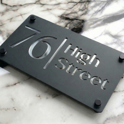 Personalised Mirror House Sign with Silver Laser Cut Text | 280mm x 160mm | Made from 3mm Grey Acrylic
