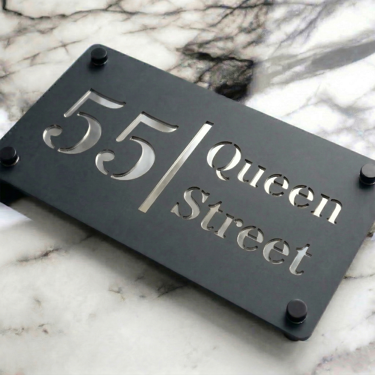 Personalised Mirror House Sign with Silver Laser Cut Text | 280mm x 160mm | Made from 3mm Grey Acrylic