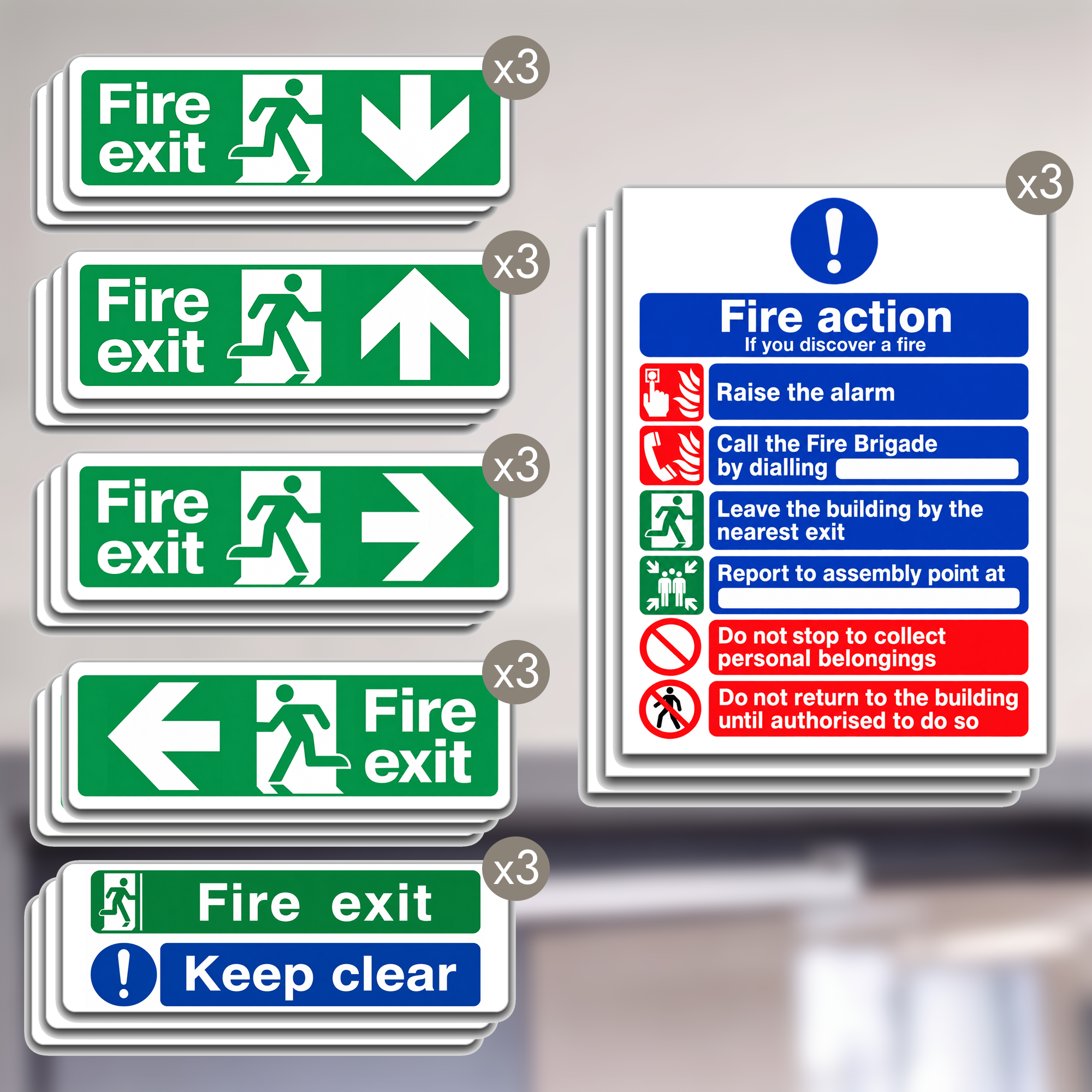 18 PCS Fire Safety Signs | Made from 3mm Acrylic | ISO 7010 | Fire Exit Signs | Fire Action Signs