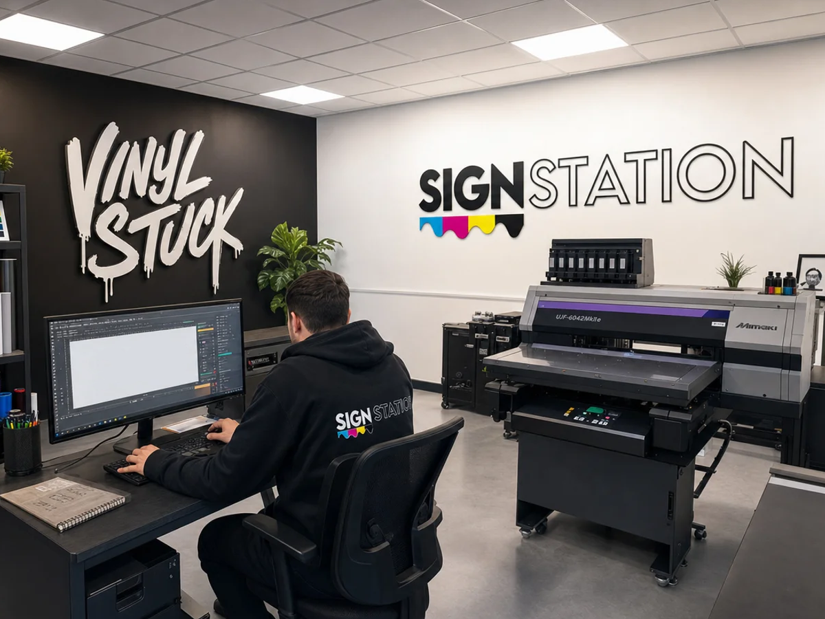 Inside the SignStation production studio, a team member operating a UV flatbed printer to produce custom signs