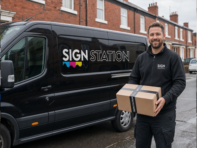 SignStation delivery driver holding a parcel in front of the branded SignStation delivery van