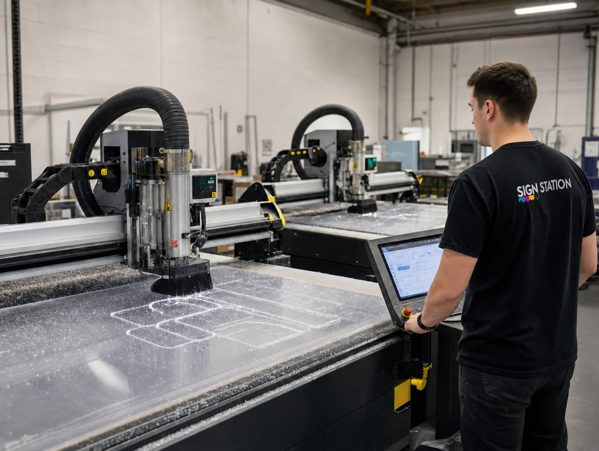 SignStation team member operating a CNC cutting machine on the production floor