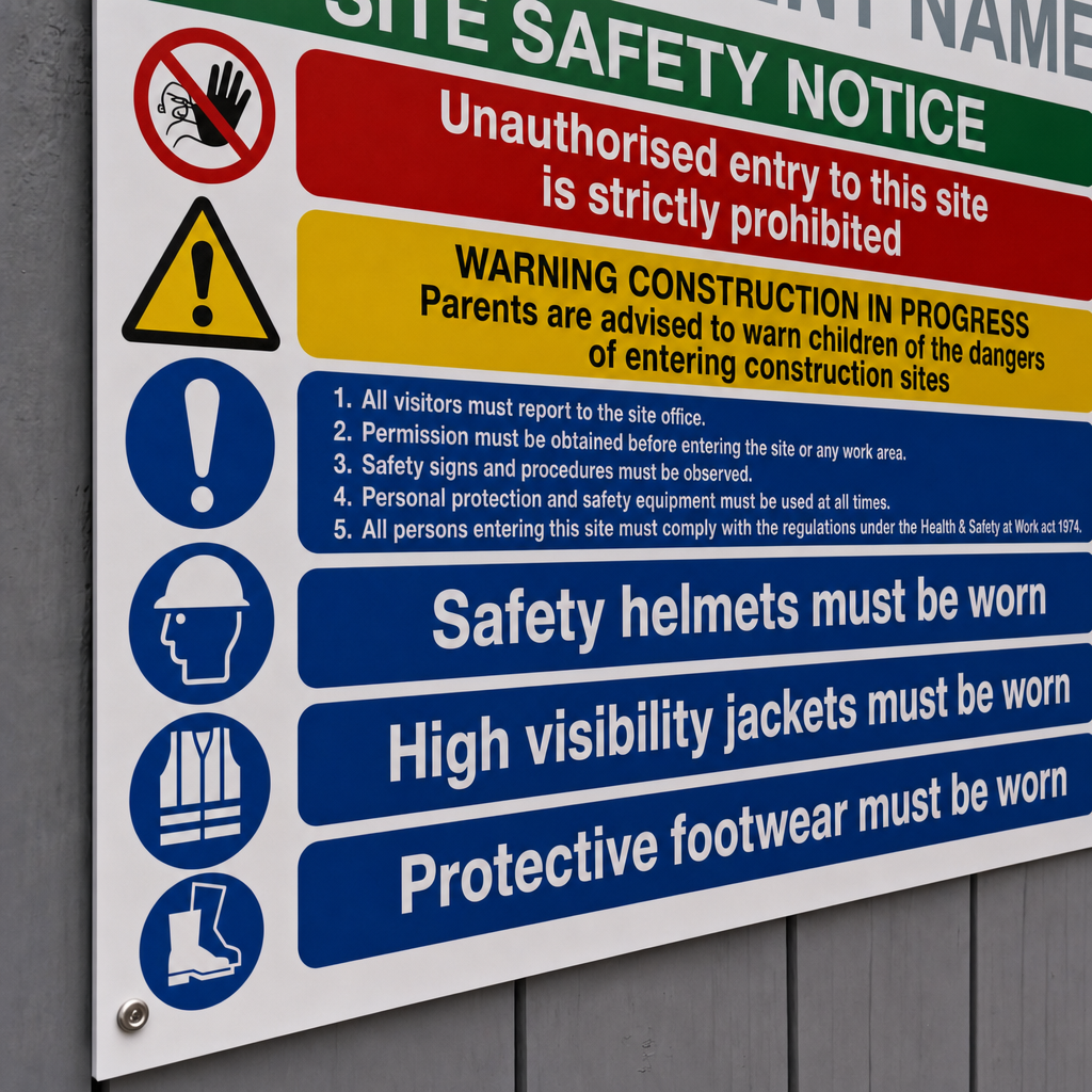 Custom with Company Name Multi Hazard Site Safety Notice 6 Points | Made from 3mm Acrylic | ISO 7010 | 400mm x 300mm Or 600mm x 450mm