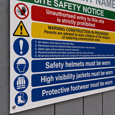 Custom with Company Name Multi Hazard Site Safety Notice 6 Points | Made from 3mm Acrylic | ISO 7010 | 400mm x 300mm Or 600mm x 450mm