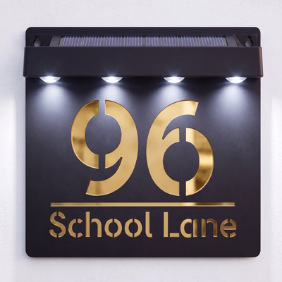 Lifestyle shot of a Black solar powered house sign mounted beside a front door at night