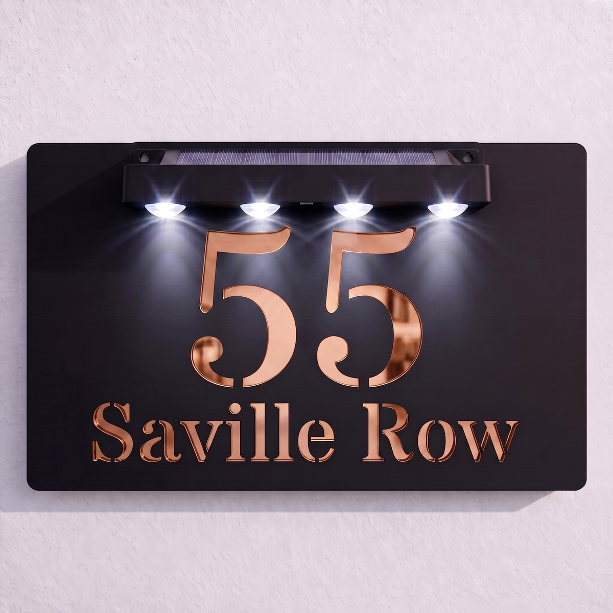 Personalised Black solar powered house sign photographed in daylight, unlit (alternate example)