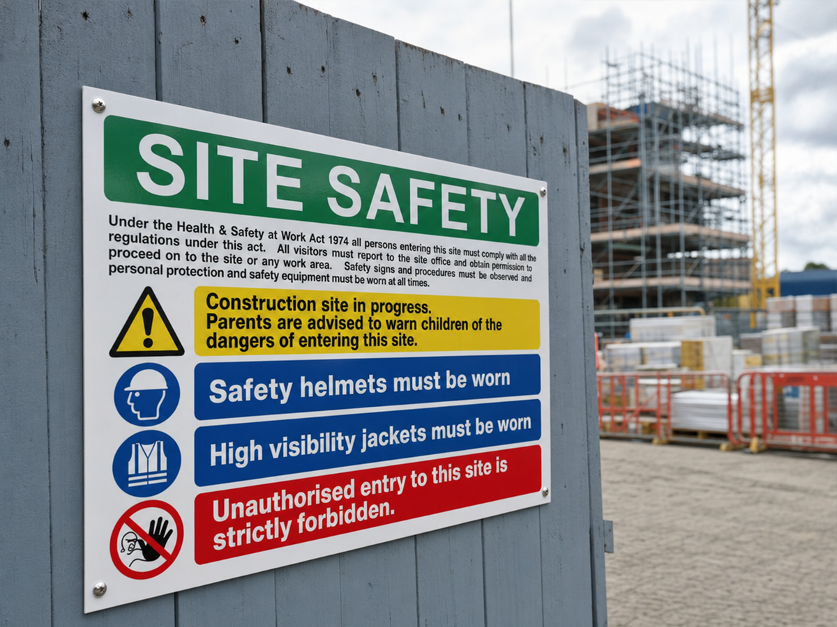Green and yellow Site Safety warning sign fixed to a hoarding at a construction site